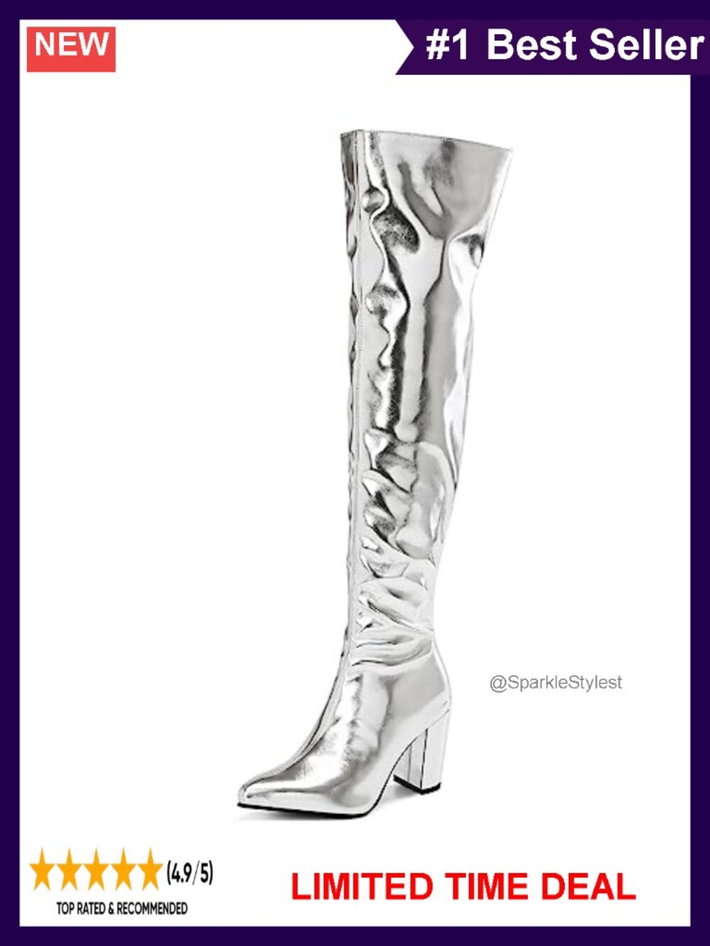 Metallic Over The Knee High Boots Pointed Toe Chunky Heel Zipper Fashion Dress